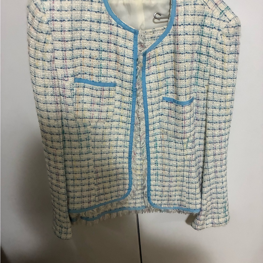 Tai Multicolor Tweed Blazer with Blue Trim